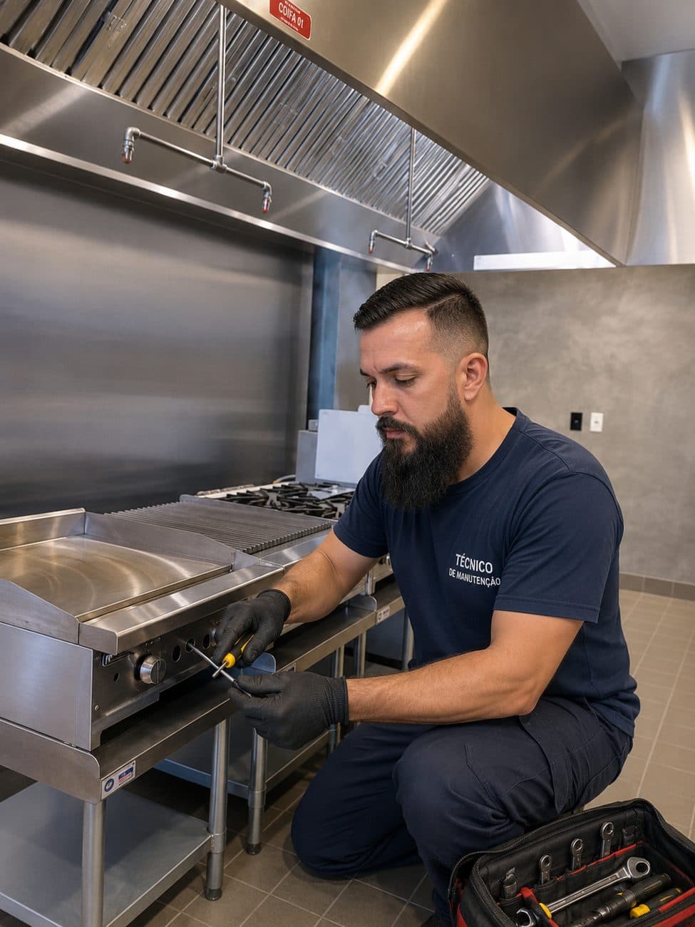 Técnico da A&G TÉC fazendo manutenção em equipamento de cozinha industrial