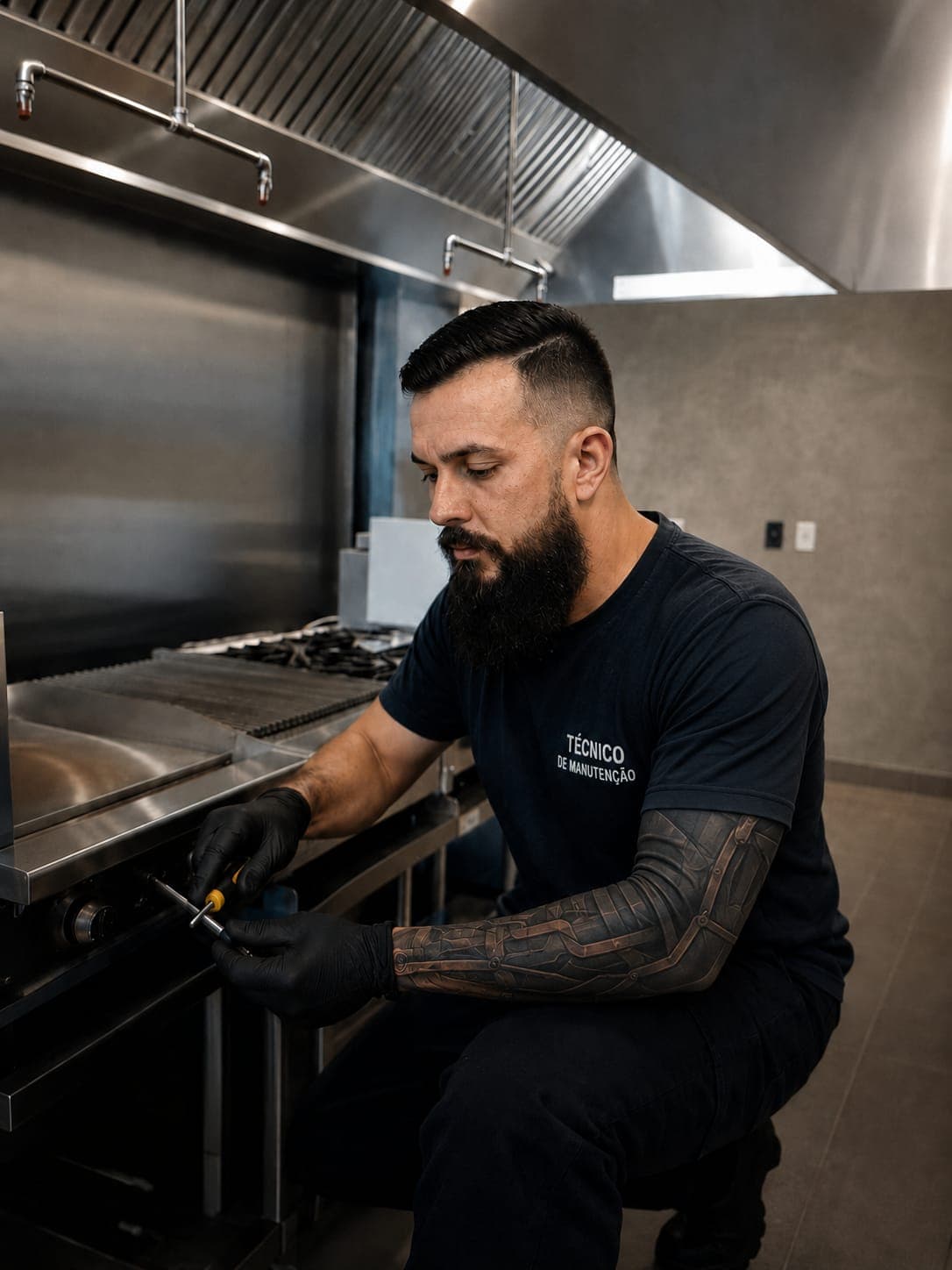 Técnico da A&G TÉC fazendo manutenção em equipamento de cozinha industrial